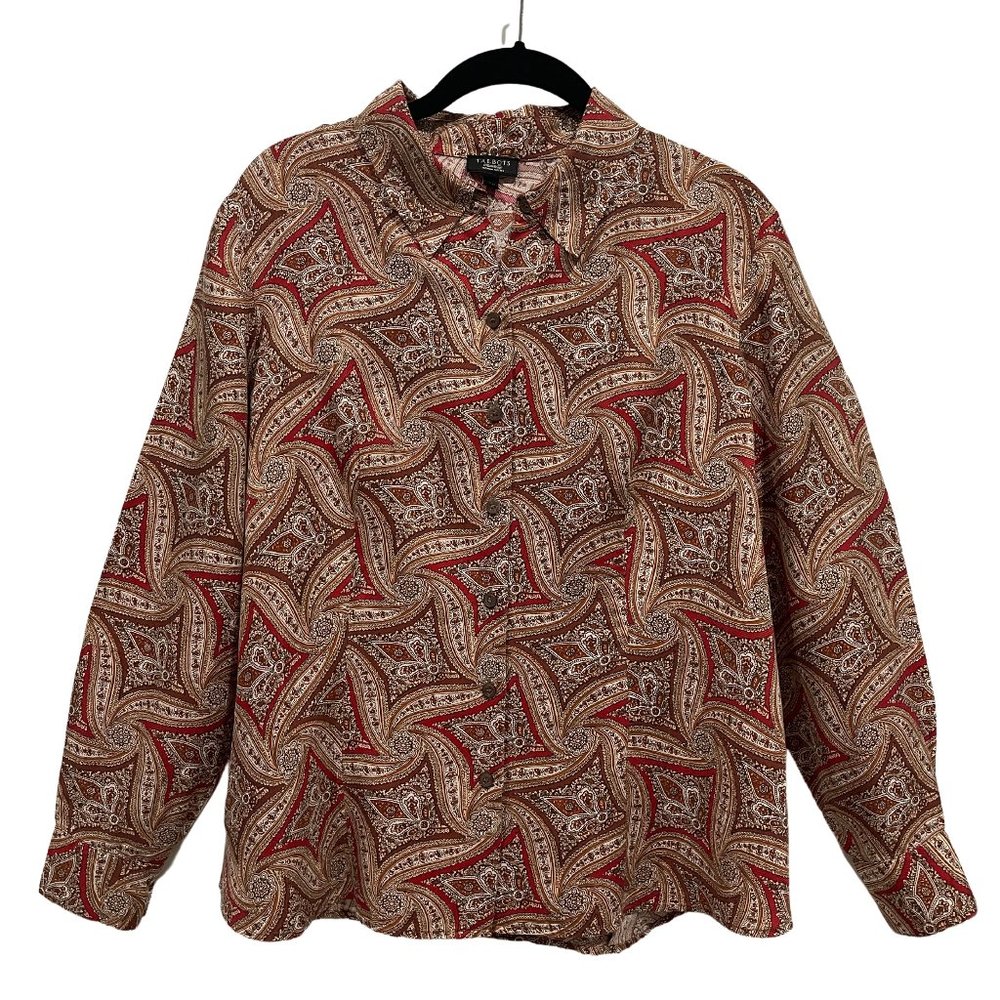 Talbots Woman Petites 14W Blouse Button Up Brown Burgundy Print Paisley